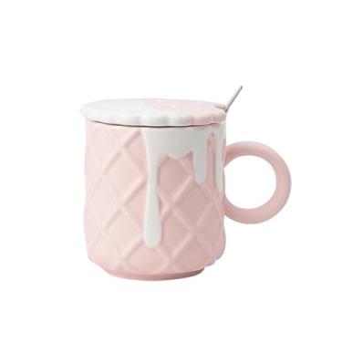 Imagem de URGDWEKJY Caneca de viagem com design em forma de biscoito caneca de cerâmica criativa copo de café com tampa e colher conjunto de xícara de café reutilizável (A)