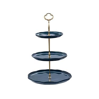 Imagem de Suporte de bolo de 3 camadas com alças de metal, mesa de sobremesa de cerâmica de cor sólida, suporte multiuso para exibição de cupcake, suporte de confeitaria para chá da tarde, suportes de sobremesa