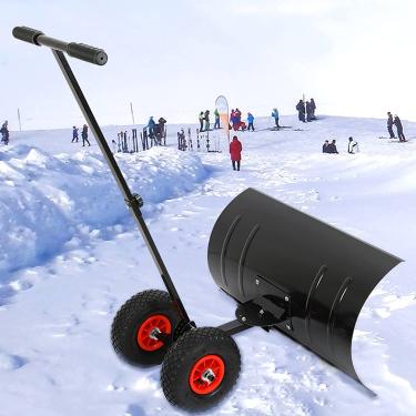 Imagem de Pá de neve de 2 rodas, pá de neve resistente, empurrador de neve com alça ajustável, rodas antiderrapantes e luvas de inverno, ferramenta de remoção de neve para calçada de jardim