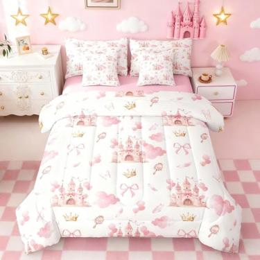 Imagem de Feelyou Cama castelo rosa infantil em uma bolsa, conjunto de edredom com laço fofo com lençóis, 7 peças, decoração de quarto de adolescentes, 7 peças