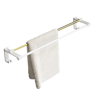 Imagem de Toalheiro autoadesivo cabide de toalha com ganchos barra de toalha montada na parede barra dupla sem espaço de perfuração alumínio para banheiros e banheiros, banheiro branco (branco)