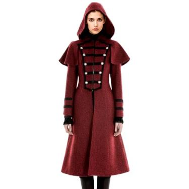 Imagem de FunParrot Casaco feminino vintage pirata Steampunk gótico com capuz casaco longo estilo vitoriano inverno, Vermelho, GG