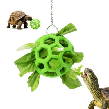 Imagem de Bola alimentadora de tartaruga com corrente suspensa – Brinquedo de alimentação de tartarugas, brinquedo interativo de répteis para tartarugas aquáticas e tartarugas, suporte de frutas e vegetais para