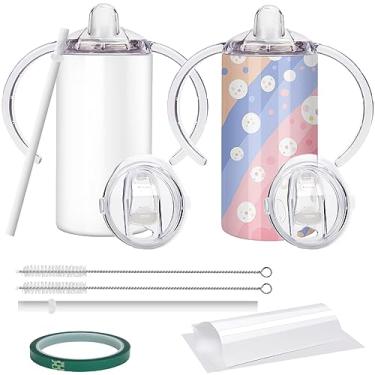 Imagem de Vermida Copos infantis de sublimação em branco, 340 g, à prova de derramamento, copo infantil com alças, pacote com 2 copos de palha com isolamento de aço inoxidável, copos de parede dupla para