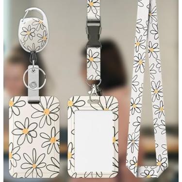 Imagem de Porta-crachá deslizante floral, capa de plástico de flor branca com carretel retrátil para crachá, mosquetão e alça removível, protetor de cartão vertical elegante para mulheres, enfermeiras