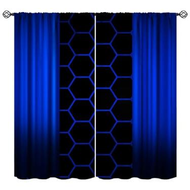 Imagem de Cortinas modernas de favo de mel para crianças, meninos, meninas, decoração de quarto de jogos, abstrata, geométrico, ombré, hexágono, preto, azul, luzes neon impressas, bolso para varão, cortinas