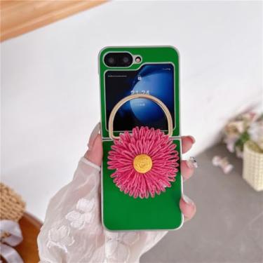 Imagem de Capa para Galaxy Z Flip6, capa de celular com flor fofa e suporte de anel, capas rígidas de couro para meninas (para Galaxy Z Flip6/verde)