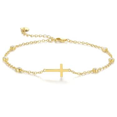 Imagem de OR OLD RUBIN Tornozeleiras de ouro para mulheres, tornozeleiras femininas de ouro 14 quilates, tornozeleiras douradas, cruzadas, espaçadas uniformemente, zircônia cúbica, cruz, tornozeleira