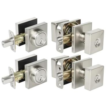 Imagem de Conjunto de fechadura de porta frontal quadrada, fechadura de cilindro único e maçaneta com fechadura, fechaduras de porta semelhantes com chave para porta da frente (níquel acetinado, conjunto com 2)