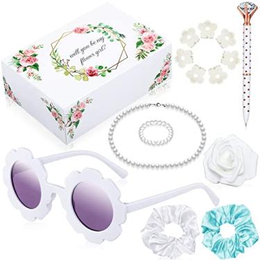 Imagem de 16 peças kit de caixa de propostas para damas de flores presentes para meninas de flores caixa de óculos redondos colar de pérolas pulseira de diamante caneta de cabelo scrunchies rosa você será minha menina de flor para casamento (azul)