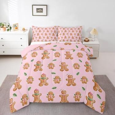 Imagem de Feelyou Conjunto de edredom fofo com laço de gengibre, rosa, Natal, folhas verdes, para meninos, meninas, adolescentes, kawaii, Natal, Natal, Natal, inverno, férias, edredom para decoração de quarto