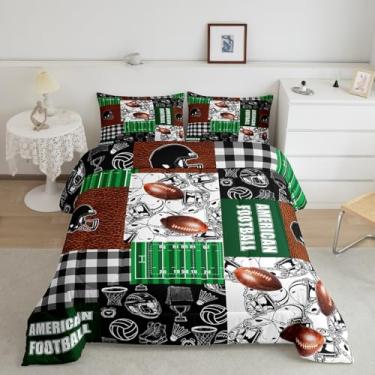 Imagem de Feelyou Conjunto de edredom King de rúgbi, jogo de bola de futebol, para meninos, meninas, adolescentes, presente para amantes de futebol, conjunto de edredom verde, marrom e preto