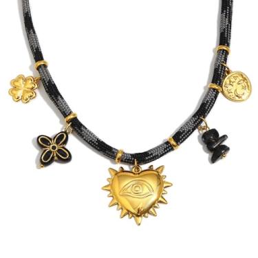 Imagem de Kokoma Colar feminino com pingente de coração gótico, olho turco, aço inoxidável dourado, corrente preta com trevo, flor, lua, estrela, borla, berloques, joias modernas