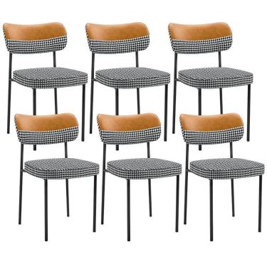 Imagem de Kit 06 Cadeiras Decorativa Para Sala De Jantar Melina L02 Faixa Couríssimo Whisky Pied Poule - Lyam Decor