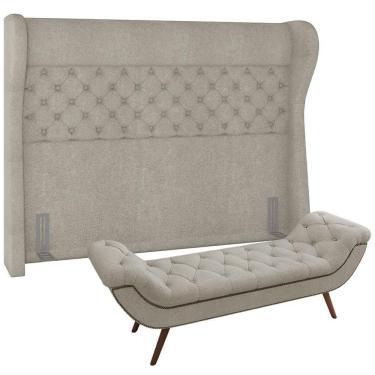 Imagem de Kit Cabeceira Cama Box Casal 140 Cm Madrid Com Puff Recamier Santorini P05 Bouclê Creme Lyam Decor