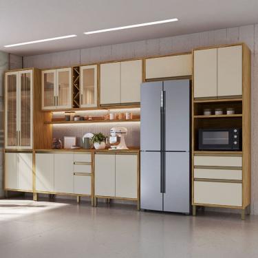 Imagem de Armário de Cozinha com Balcão e Tampo 17 Portas 5 Gavetas Pérola 100% Mdf Vidro Reflecta Amêndoa/Off White - Pnr Móveis