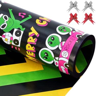 Imagem de EWES Conjunto de rolos de papel de embrulho de Natal para crianças, papel de embrulho preto engraçado, padrão com alienígena, espaço, amarelo reversível, total 28,5 m²