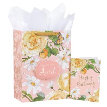 Imagem de Loveinside Bolsa de presente de aniversário floral para tia, flor rosa com folha dourada 3D, feliz aniversário, papel de seda combinando, cartão de felicitações e etiqueta, ideal para presentes de
