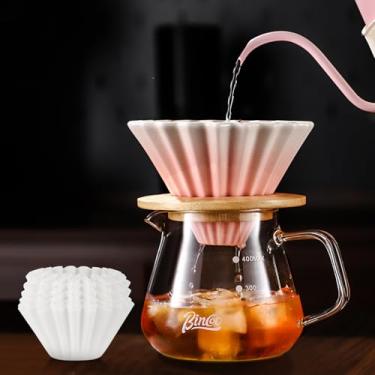 Imagem de Bincoo Conjunto de cafeteira de 400 ml com papel de filtro, conjunto de gotejador de café de cerâmica para 1-2 xícaras (rosa)