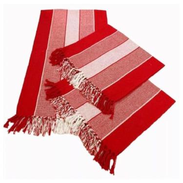 Imagem de Tapete de Cozinha, Passadeira Estilo com Franjas Kit Passadeira para Cozinha de Tear 3 Peças，Elegante e Refinado(Vermelho com faixa cru)