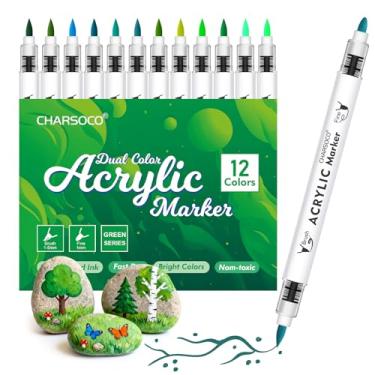 Imagem de CHARSOCO Canetas de tinta acrílica Green Tones, conjunto de marcadores de 12 cores com pincel macio e ponta de bala, para pedra, pintura, madeira, vidro, cerâmica, tela, pedra, artesanato DIY