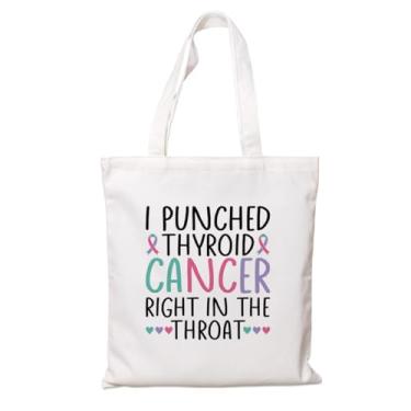 Imagem de Sacola de lona I Punched Thyroid Cancer Right in the Throat Awareness - Bolsa motivacional divertida reutilizável para sobreviventes e apoiadores do câncer de tireoide