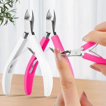 Imagem de Alicate e cortador de cutículas branco/rosa, 2 peças com alça de silicone, ferramenta de remoção de aço inoxidável para cuidados com as unhas, itens essenciais para manicure e pedicure
