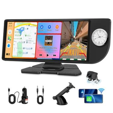 Imagem de Tela Carplay sem fio para carro – 10,26 polegadas Apple Car Play & Android Auto estéreo portátil Carplay tela sensível ao toque com relógio embutido, câmera reserva 1080p (câmera traseira única