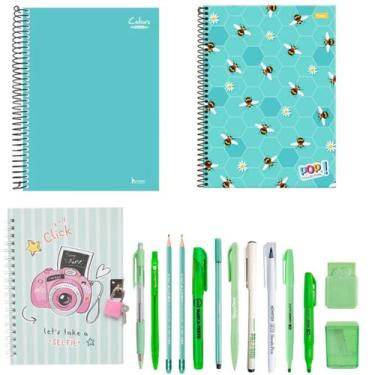 Imagem de Kit Papelaria Tons de Verde Escolar Completo - Kawaii