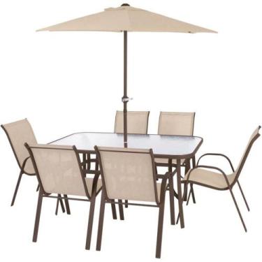 Imagem de Conjunto Mor Texas Mesa Retangular com Vidro 6 Cadeiras 1 Guarda-Sol, 