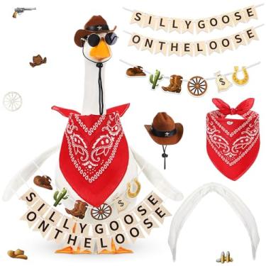 Imagem de Sadnyy Conjunto engraçado de 7 peças de decoração de ganso para varanda e ganso silly goose on the Loose Banner Cowboy Outfit com chapéu de caubói bandana para cimento/plástico de 58 cm estátua ao ar