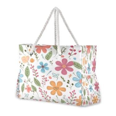 Imagem de Wassud Bolsa de praia com estampa de flores de desenho animado, grande, para mulheres, impermeável, à prova de areia, bolsa de viagem com zíper e bolso para piscina, academia, acampamento