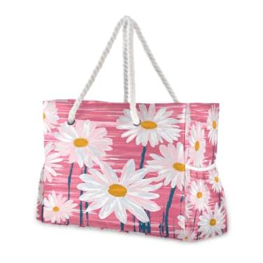 Imagem de Wassud Bolsa de praia rosa branca margaridas grandes bolsas de praia para mulheres, à prova d'água, à prova de areia, bolsa de viagem com zíper e bolso para piscina, academia, acampamento