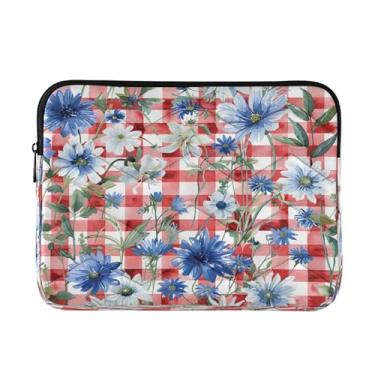 Imagem de Kigai Bolsa para laptop, flor azul xadrez vermelha macia e resistente a impactos, capa para laptop, bolsa protetora para notebook de 13 a 14 polegadas