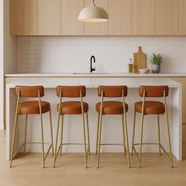 Imagem de Banqueta Cozinha Alta Com Encosto Industrial Dourado Kit 4 Londres Pu Nozes D03 - D`rossi