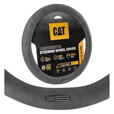 Imagem de Cat Capa de volante de couro Honor Line Flux com emblema de bandeira de metal, couro sintético cinza, padrão de 35 a 38 cm, conforto antiderrapante, capa de volante de carro para caminhões SUV