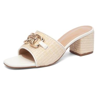 Imagem de NEWBELLA Sandálias femininas de salto bloco salto quadrado aberto corrente de metal slip on mules sapatos elegantes, Bege, 34