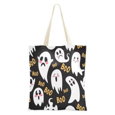 Imagem de Qilmy Sacola de lona Halloween Boo Ghosts, bolsa de ombro reutilizável com fecho magnético para festa de Halloween, 38 x 41 cm