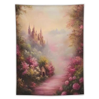 Imagem de Tapeçaria de parede de castelo de conto de fadas rosa romântico campo rosa pôr do sol sonho paisagem decoração para quarto dormitório sala de estar princesa kawaii estética tapeçaria 152 x 203 cm