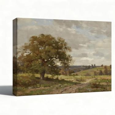 Imagem de Arte de parede em tela Oak Tree Country Path, impressão de pintura a óleo de paisagem rústica, decoração de parede de fazenda, tela emoldurada para galeria para sala de estar, quarto, escritório