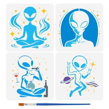 Imagem de FINGERINSPIRE 4 peças de estênceis alienígenas, 15 x 15 cm, modelos de desenho de nave espacial, reutilizáveis, estêncil de pintura espacial de plástico com um pincel para artesanato DIY em tela de
