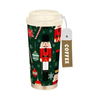 Imagem de TSENQUE Copo para caneca de café de viagem de 473 ml, copo de café com revestimento cerâmico com tampa e palha, copo isolado a vácuo de aço inoxidável, quebra-nozes de Natal verde