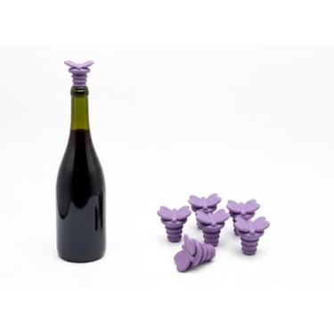 Imagem de Pacote com 6 tampas de garrafa de vinho borboleta roxa, plugues dispensadores de vinagre e óleo de silicone à prova de vazamento, 3 camadas reutilizáveis e decorativas para economia de bebidas