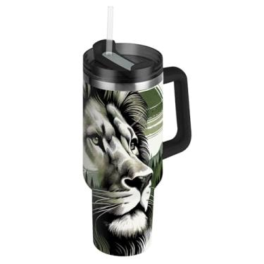 Imagem de Joisal Copos de aço inoxidável com tampa e canudos, copo de leão da floresta selvagem para copo fofo rosa quente e frio com alça garrafa de água isolada de 850 g