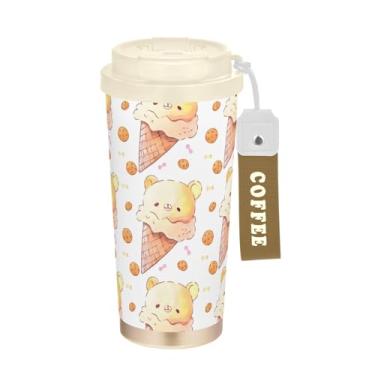 Imagem de TSENQUE Caneca de café de viagem de 473 ml, copo de café de viagem com revestimento cerâmico com canudo e tampa de filme, copo isolado a vácuo de aço inoxidável, waffle de sorvete de urso fofo