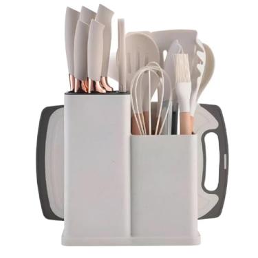 Imagem de Kit de Utensílios para Cozinha em Silicone com 19 Peças, Cabo de Madeira, Espátula Antiaderente, Concha, Colher, Faca, Tesoura, Tábua de Cortar e Suporte Organizador (BRANCO)