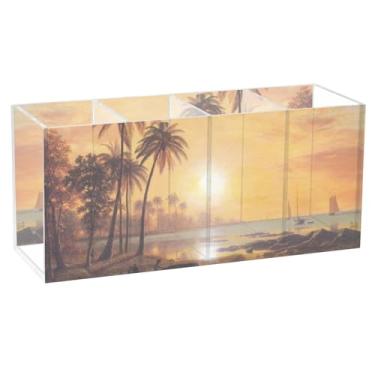 Imagem de TSENQUE Porta-lápis de mesa floral personalizado bonito Bierstadt Albert paisagem tropical barcos Bay Art Marcador Caddy acrílico canetas copos lápis papelaria armazenamento