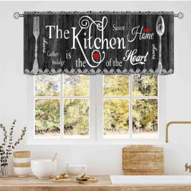 Imagem de TKUYO Saia preta para casa de fazenda, garfo rústico e colher, tábua de madeira com tema de cozinheiro, vintage, cortinas de saia de janela pequena sobre a pia para cozinha, café, sala de estar