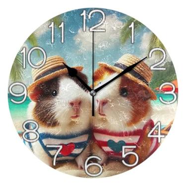 Imagem de Relógio de parede decorativo analógico operado por bateria silencioso para quarto e cozinha, decoração de parede retrô moderna art déco fofos porquinhos da índia verão, 25 cm, ponteiros pretos