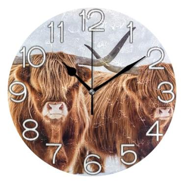 Imagem de GAIGEO Relógio de parede analógico decorativo relógio de cozinha bonito operado por bateria, decoração de parede vintage sala de estar desenho animado inverno marrom vacas highlands, 25 cm, ponteiros